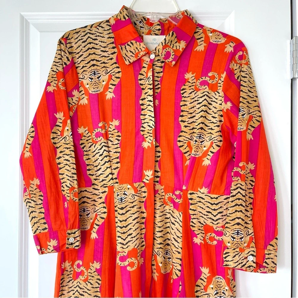 Guadalupe Luciana Tibet Tiger Stripes Hand Block Print Pure Indian Cotton Dress - Picture 3 of 16